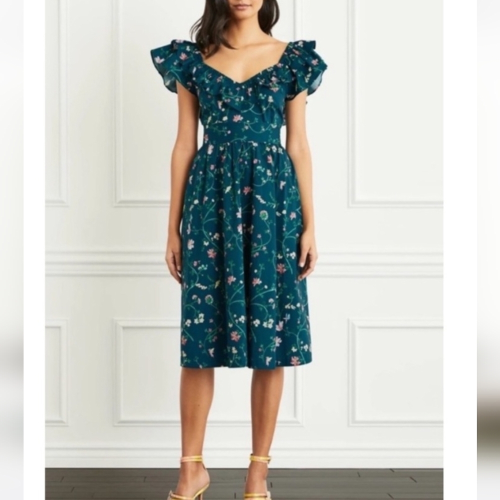 Hill House Ava Dress Moody Floral V-Neck Ruffle Neck Teal Floral Midi M - Picture 1 of 6